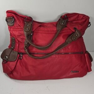 BagWise Red Faux Leather Hobo Shoulder Bag Brown Trim Multi Pocket Large Handbag